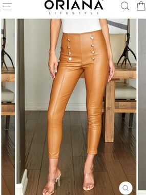 NWT $100 Oriana camel Faux Leather High Waisted Sailor skinny pants Italy Sz S